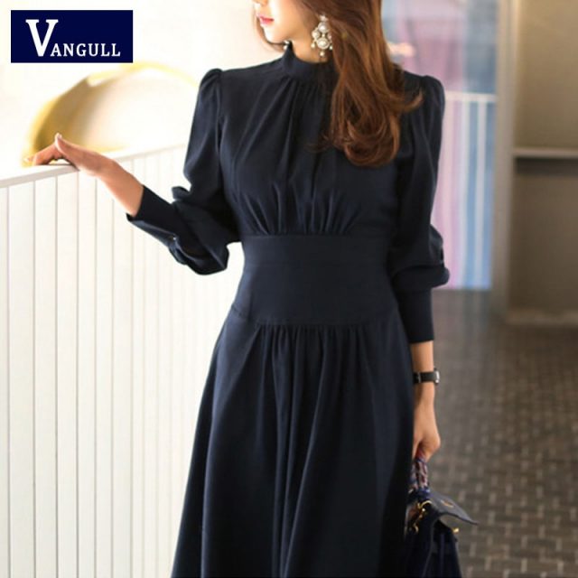 Vangull Office Ladies Stand Collar Lantern Sleeve Women Dress Elegant Slim Waist A-line Ruched Female Long Dress Party Vestidos