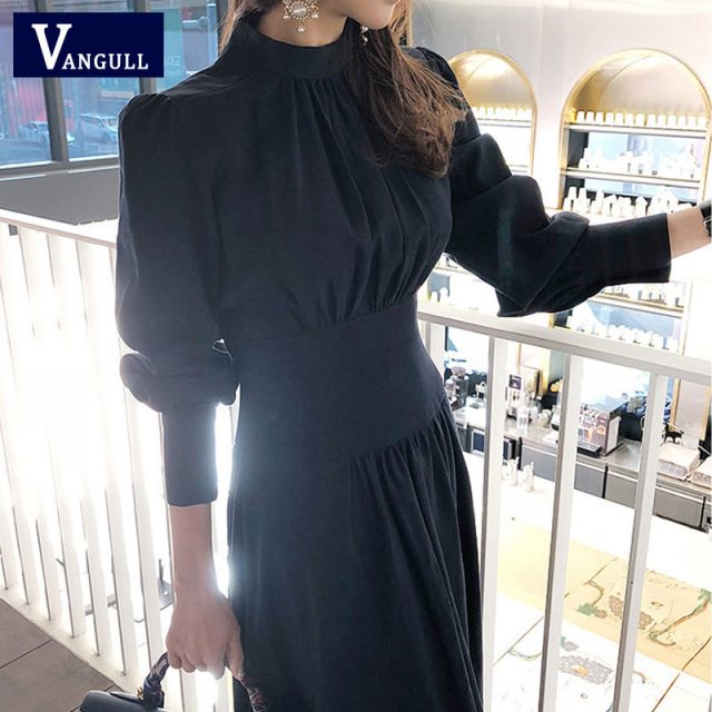 Vangull Office Ladies Stand Collar Lantern Sleeve Women Dress Elegant Slim Waist A-line Ruched Female Long Dress Party Vestidos