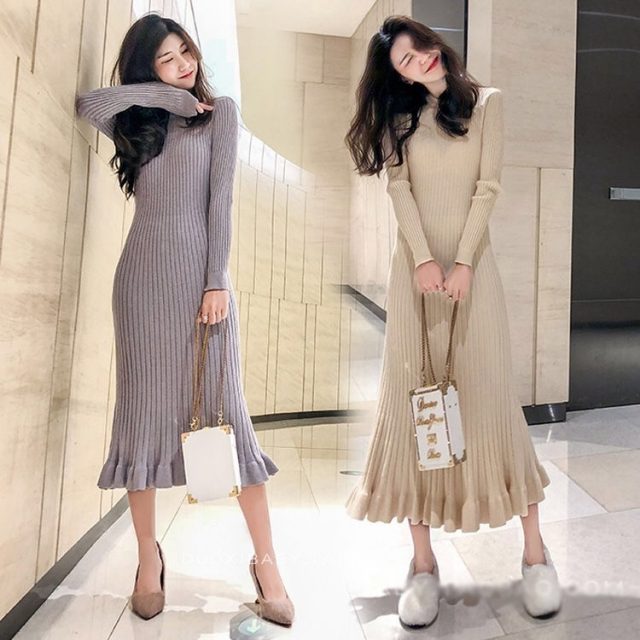 Vangull Women Sweater Dress Autumn Winter Clothes New Fashion Ruffle Long Sleeve Knitted Dress Women Casual Knee Length Dress