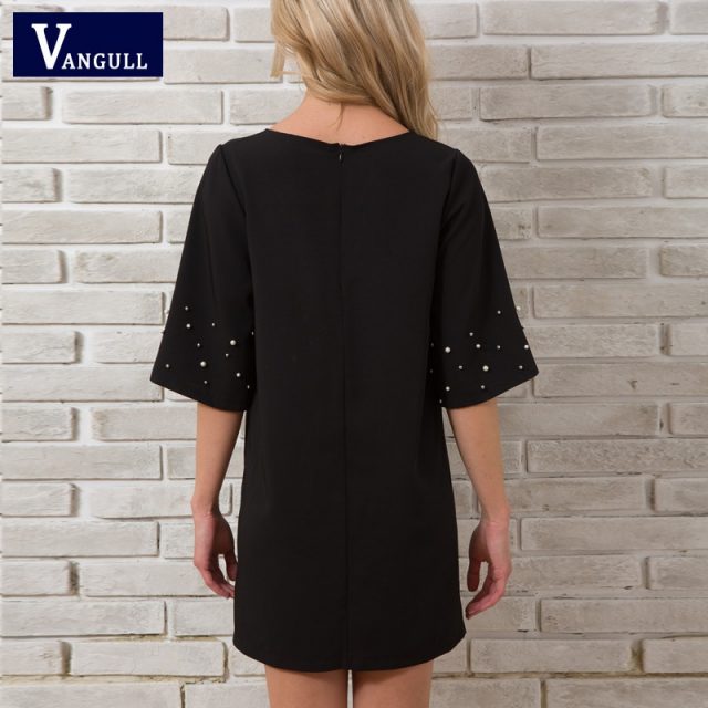 Vangull Pearl Beading Tunic Dress 2018 New Fashion Womens Straight Dress Navy Three Quarter Length Sleeve Short Mini Dress