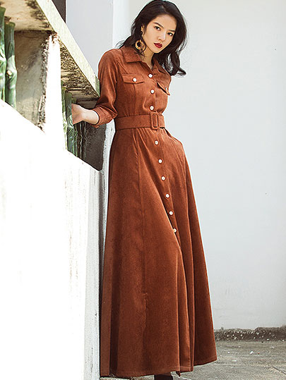 VANGULL Autumn Winter Women Long Dress New Turn-Down Collar Purple Khaki Casual Vestidos Vintage Corduroy Chic Ladies Dress