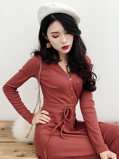 Vangull Long sleeve V-neck Sweater dress 2019 New Elegant women knit Autumn Winter casual dress female Slim A-line basic dress