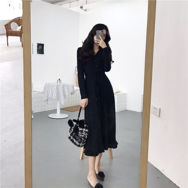 Vangull Long sleeve V-neck Sweater dress 2019 New Elegant women knit Autumn Winter casual dress female Slim A-line basic dress