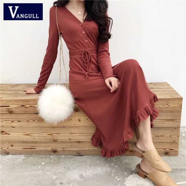 Vangull Long sleeve V-neck Sweater dress 2019 New Elegant women knit Autumn Winter casual dress female Slim A-line basic dress