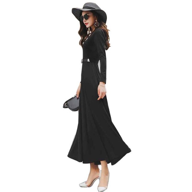 Vangull Women Long Dress Autumn New Bohemia Over Knee Dress 2019 Spring Long Sleeve High Waist Female Sashes Solid A-line Dress