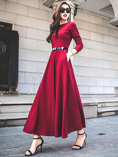 Vangull Women Long Dress Autumn New Bohemia Over Knee Dress 2019 Spring Long Sleeve High Waist Female Sashes Solid A-line Dress