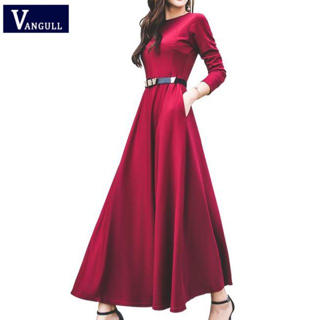 Vangull Women Long Dress Autumn New Bohemia Over Knee Dress 2019 Spring Long Sleeve High Waist Female Sashes Solid A-line Dress