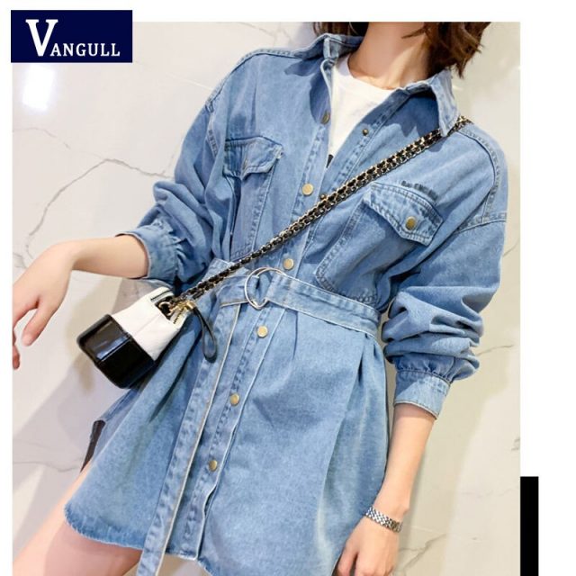 VANGULL Denim Shirt Dress Streetwear Autumn Long Sleeve Denim Dress With Belt Lapel Blue Jean Shirt Office Ladies Mini Dresses