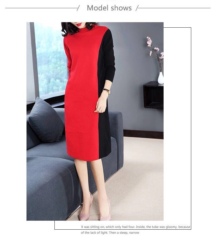 Vangull Women Knitted Dresses Long Sleeve Patchwork Dress 2019 Autumn Winter New Fashion Turtleneck Elegant Loose Ladies Dress