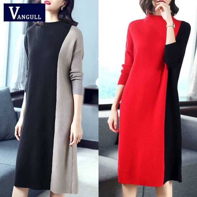 Vangull Women Knitted Dresses Long Sleeve Patchwork Dress 2019 Autumn Winter New Fashion Turtleneck Elegant Loose Ladies Dress