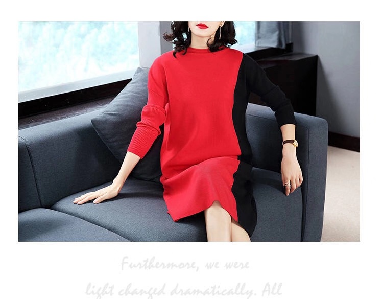 Vangull Women Knitted Dresses Long Sleeve Patchwork Dress 2019 Autumn Winter New Fashion Turtleneck Elegant Loose Ladies Dress