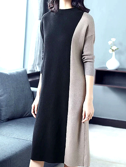 Vangull Women Knitted Dresses Long Sleeve Patchwork Dress 2019 Autumn Winter New Fashion Turtleneck Elegant Loose Ladies Dress