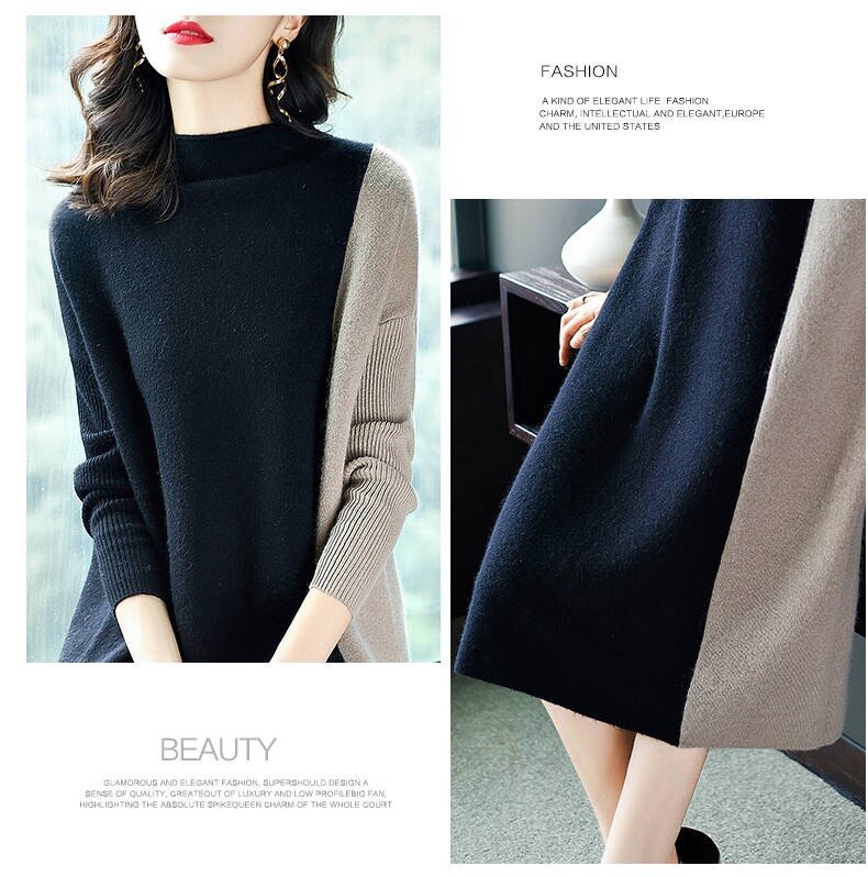 Vangull Women Knitted Dresses Long Sleeve Patchwork Dress 2019 Autumn Winter New Fashion Turtleneck Elegant Loose Ladies Dress