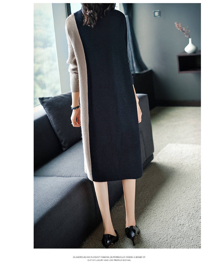 Vangull Women Knitted Dresses Long Sleeve Patchwork Dress 2019 Autumn Winter New Fashion Turtleneck Elegant Loose Ladies Dress