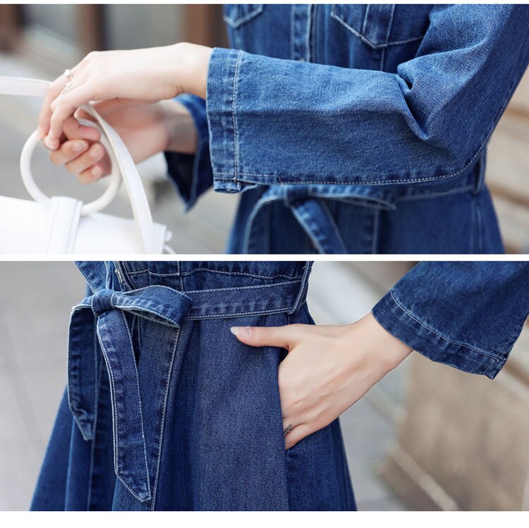 Vangull Women Denim Solid Dress 2019 New Autumn Winter Female Casual High Waist Turn Down Collar A-Line Long Jeans Dresses