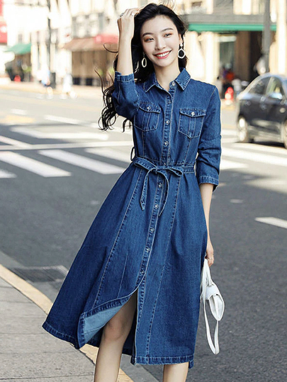 Vangull Women Denim Solid Dress 2019 New Autumn Winter Female Casual High Waist Turn Down Collar A-Line Long Jeans Dresses