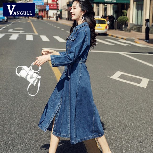 Vangull Women Denim Solid Dress 2019 New Autumn Winter Female Casual High Waist Turn Down Collar A-Line Long Jeans Dresses