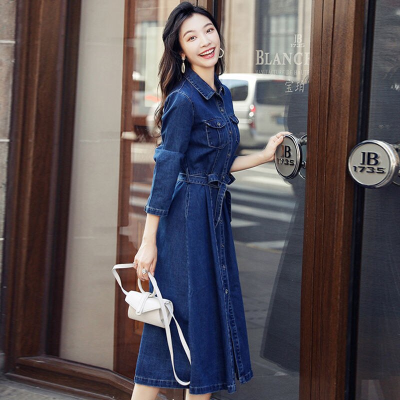 Vangull Women Denim Solid Dress 2019 New Autumn Winter Female Casual High Waist Turn Down Collar A-Line Long Jeans Dresses