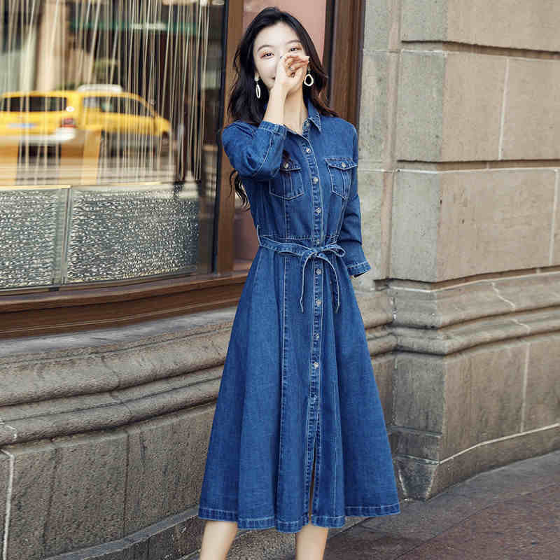 Vangull Women Denim Solid Dress 2019 New Autumn Winter Female Casual High Waist Turn Down Collar A-Line Long Jeans Dresses