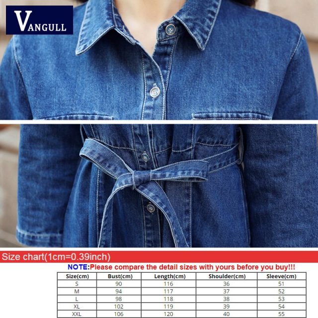 Vangull Women Denim Solid Dress 2019 New Autumn Winter Female Casual High Waist Turn Down Collar A-Line Long Jeans Dresses