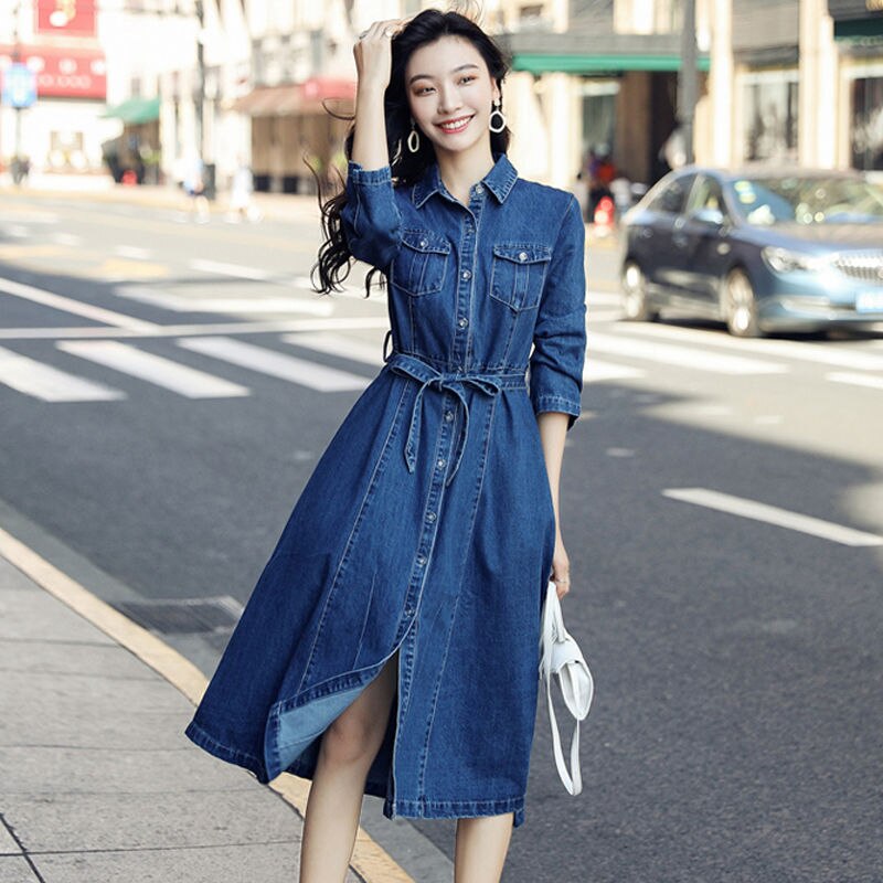 Vangull Women Denim Solid Dress 2019 New Autumn Winter Female Casual High Waist Turn Down Collar A-Line Long Jeans Dresses