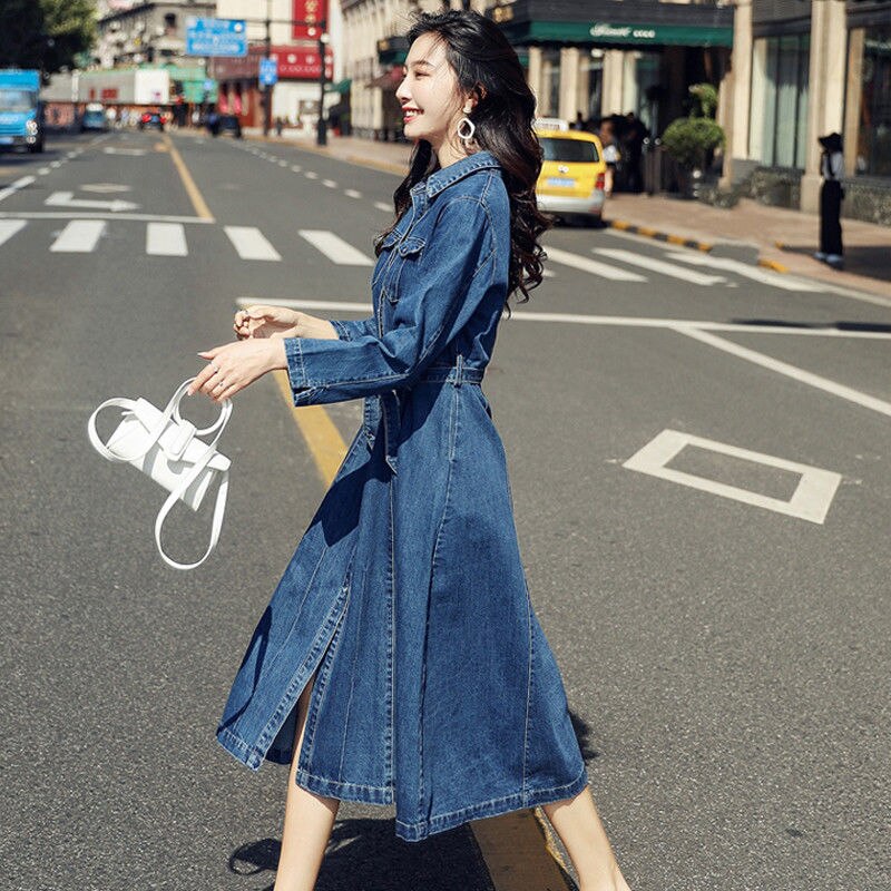 Vangull Women Denim Solid Dress 2019 New Autumn Winter Female Casual High Waist Turn Down Collar A-Line Long Jeans Dresses