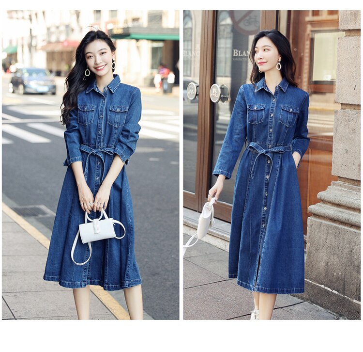 Vangull Women Denim Solid Dress 2019 New Autumn Winter Female Casual High Waist Turn Down Collar A-Line Long Jeans Dresses