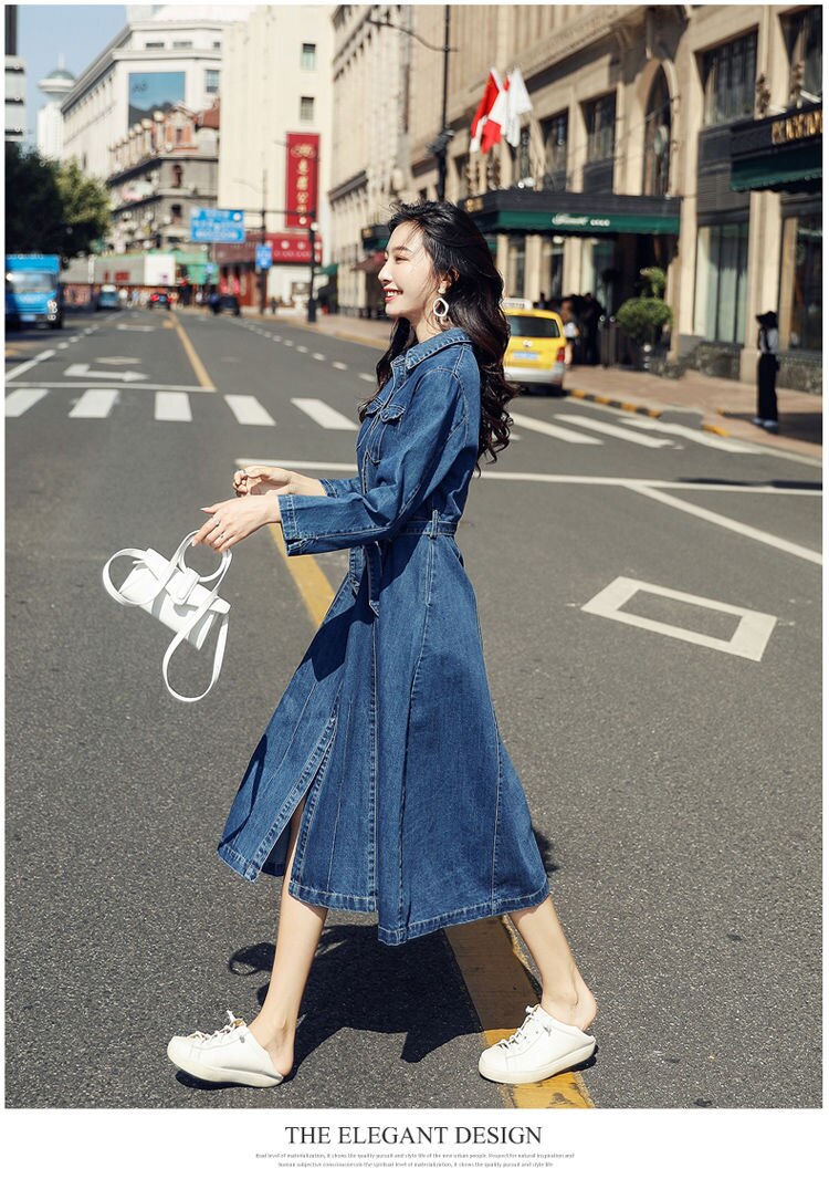 Vangull Women Denim Solid Dress 2019 New Autumn Winter Female Casual High Waist Turn Down Collar A-Line Long Jeans Dresses