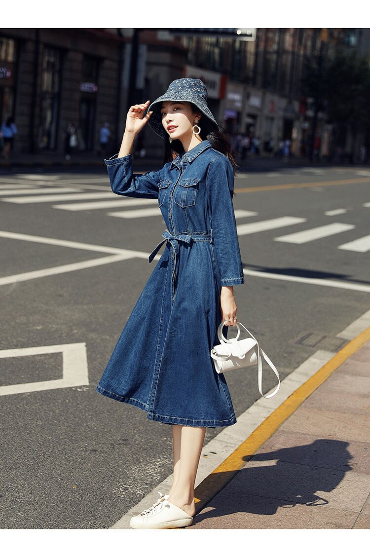 Vangull Women Denim Solid Dress 2019 New Autumn Winter Female Casual High Waist Turn Down Collar A-Line Long Jeans Dresses