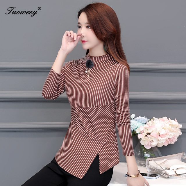 Autumn Women’s Shirts Blue Striped Stand Collar Nine Quarter Irregular Button Split Slim Women Blouse Fashion 4XL Tide New