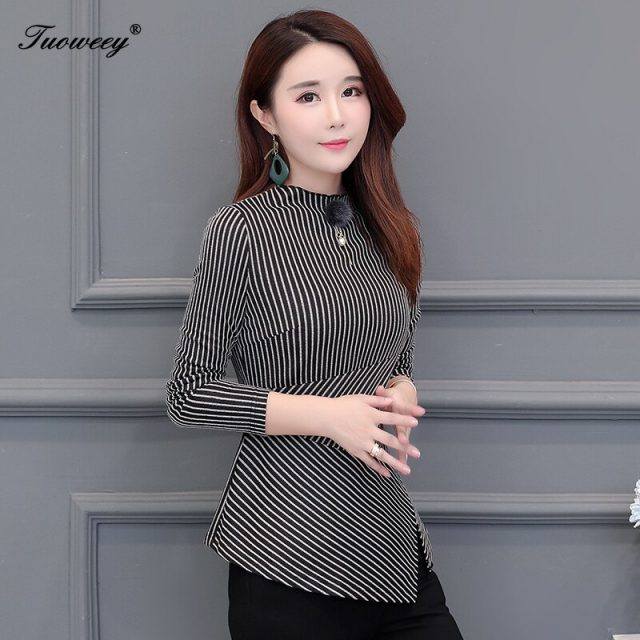 Autumn Women’s Shirts Blue Striped Stand Collar Nine Quarter Irregular Button Split Slim Women Blouse Fashion 4XL Tide New