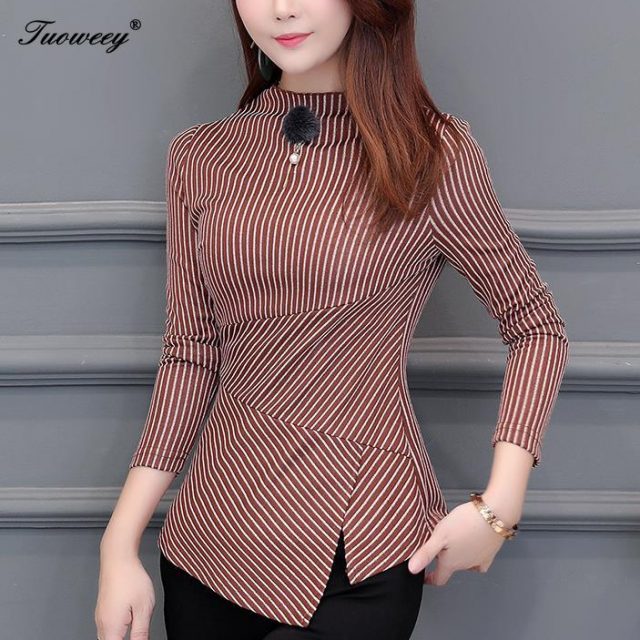 Autumn Women’s Shirts Blue Striped Stand Collar Nine Quarter Irregular Button Split Slim Women Blouse Fashion 4XL Tide New