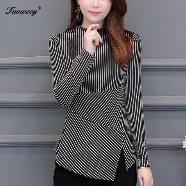 Autumn Women’s Shirts Blue Striped Stand Collar Nine Quarter Irregular Button Split Slim Women Blouse Fashion 4XL Tide New