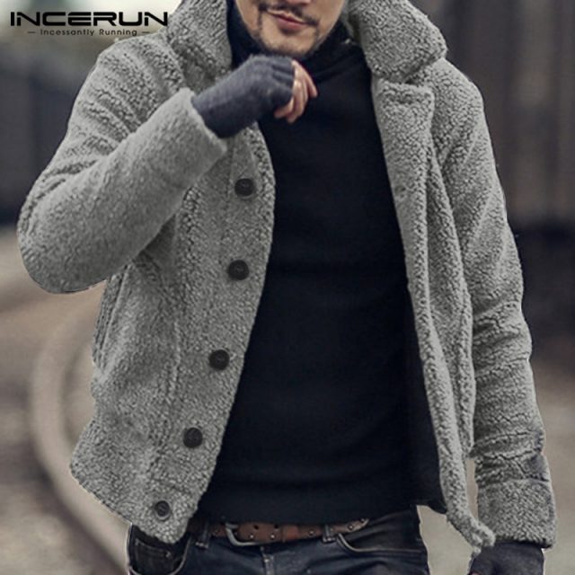 INCERUN Men Fleece Jackets Coats Streetwear Long Sleeve Solid Lapel Outerwear Button Up Fluffy Fashion Winter Plush Overcoats 7