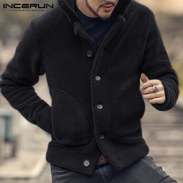 INCERUN Men Fleece Jackets Coats Streetwear Long Sleeve Solid Lapel Outerwear Button Up Fluffy Fashion Winter Plush Overcoats 7