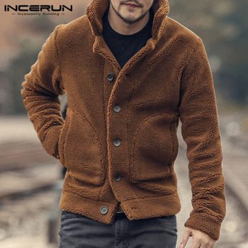 INCERUN Men Fleece Jackets Coats Streetwear Long Sleeve Solid Lapel Outerwear Button Up Fluffy Fashion Winter Plush Overcoats 7