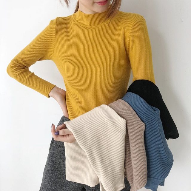 New Knitted Women Thin O-neck Sweater Pullovers Spring Autumn Basic Women Sweaters Pullover Slim Fit Black Cheap Top BZY035