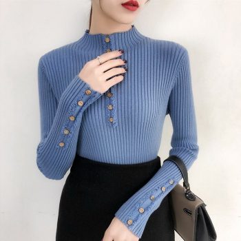 2019 Women Autumn Knitted Sweater Solid Knitted Female Cotton Soft Elastic Color Pullovers Button Full Sleeve Turtleneck BYT013