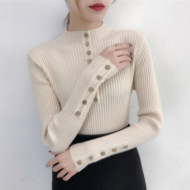 2019 Women Autumn Knitted Sweater Solid Knitted Female Cotton Soft Elastic Color Pullovers Button Full Sleeve Turtleneck BYT013