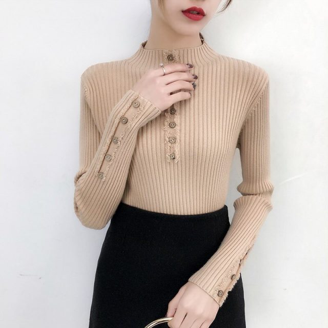 2019 Women Autumn Knitted Sweater Solid Knitted Female Cotton Soft Elastic Color Pullovers Button Full Sleeve Turtleneck BYT013