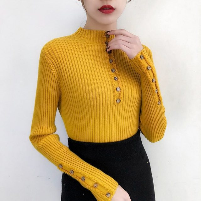 2019 Women Autumn Knitted Sweater Solid Knitted Female Cotton Soft Elastic Color Pullovers Button Full Sleeve Turtleneck BYT013