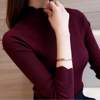 Autumn And Winter Sweater for women Long sleeve Solid color Pullover Lotus leaf collar Hollow Slim fit Sweater ZLM163