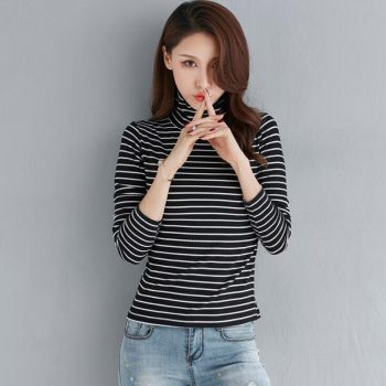 Autumn And Winter High collar stripe shirt Female Long sleeve loose Korean version Top cotton Wild Slim fit pullover LYF01