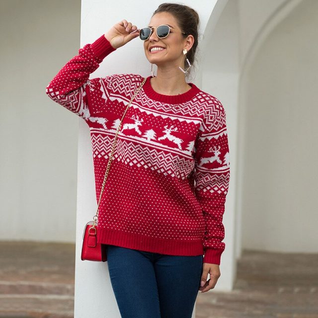 Christmas Women Sweater 2019 Elk Print Pullover Sweaters Autumn Winter Tops Clothing Female Long Sleeve Knit Casual Tops BMY003