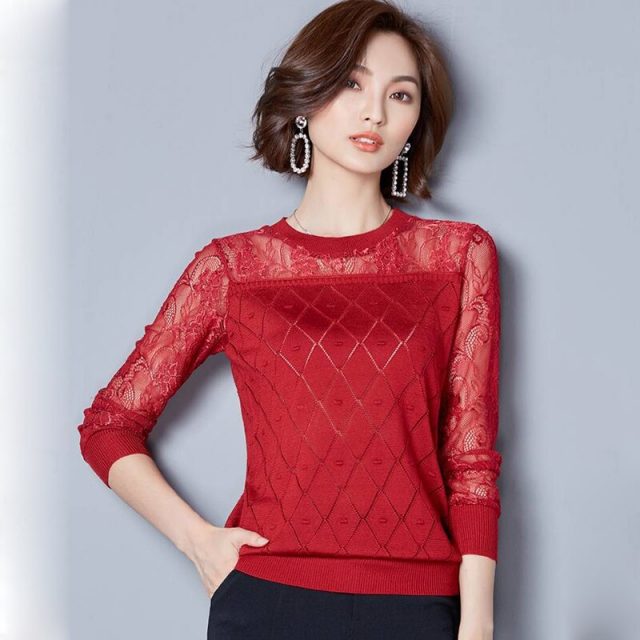 Women Autumn Pullovers Sweaters Fashion Knitted 2019 New Knitting Long Sleeve Pull Ladies Jumper Female Lace Hollow Out Sweater