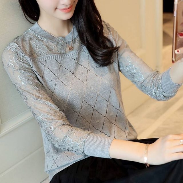 Women Autumn Pullovers Sweaters Fashion Knitted 2019 New Knitting Long Sleeve Pull Ladies Jumper Female Lace Hollow Out Sweater