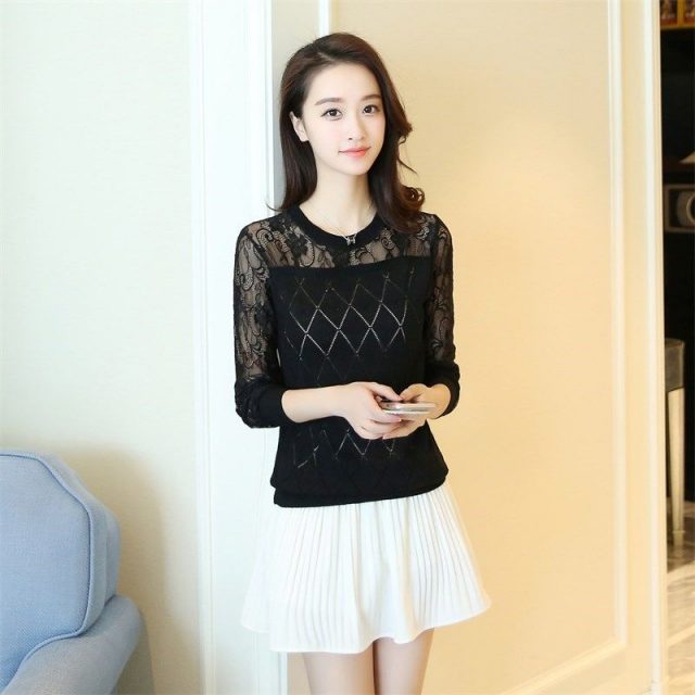 Women Autumn Pullovers Sweaters Fashion Knitted 2019 New Knitting Long Sleeve Pull Ladies Jumper Female Lace Hollow Out Sweater