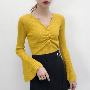 2019 Autumn Winter Women's Knitted Sweater Sexy V-neck Flare Sleeve Sweaters for Women Drawstring Pullovers Womens Jumper BZY016