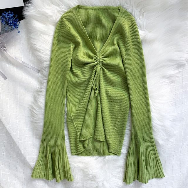 2019 Autumn Winter Women’s Knitted Sweater Sexy V-neck Flare Sleeve Sweaters for Women Drawstring Pullovers Womens Jumper BZY016