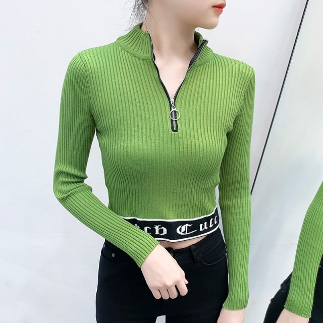 Sexy Turtleneck Zipper Sweaters Women Long Sleeve Girls Tops 2019 New Elegant Knitted Outerwear Short Pullovers Sweater BZY015